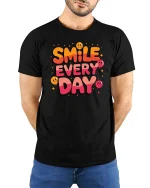 Smile Every Day Positive Quote Graphic T-Shirt Happy Tee - model wearing black tee with hands behind back