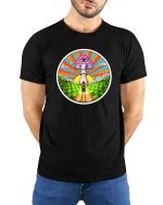 Psychedelic Mushroom Eye Surreal Graphic T-Shirt Design - model wearing black tee with hands behind back