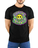 Super Trippy Smiley Psychedelic Retro Graphic T-Shirt Tee - model wearing black tee with hands behind back