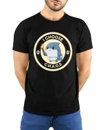 I Choose Chaos Funny Shark Cartoon Graphic T-Shirt Design - model wearing black tee with hands behind back