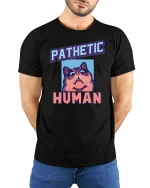 Pathetic Human Funny Cat Meme Graphic T-Shirt Humor Tee - model wearing black tee with hands behind back