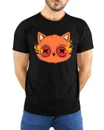 Psychedelic Cat Eyes Funny Cartoon Graphic T-Shirt Design - model wearing black tee with hands behind back