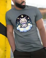Cute Meditating Cat Moon Cloud Kawaii Graphic T-Shirt Tee - model wearing grey tee, leaning on column