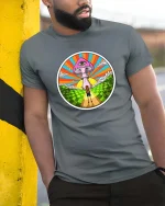 Psychedelic Mushroom Eye Surreal Graphic T-Shirt Design - model wearing grey tee, leaning on column