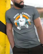 Who Cares Funny Retro Cartoon Hand Graphic T-Shirt Humor - model wearing grey tee, leaning on column