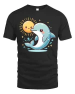 Cute Dolphin and Smiling Sun Cartoon Ocean Vibes Tshirt - black t-shirt on white background