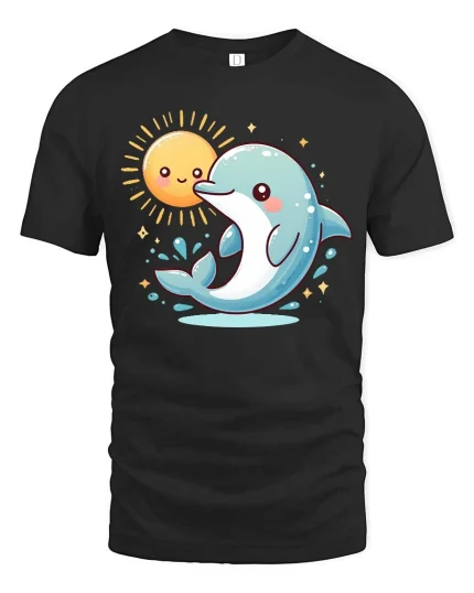 Cute Dolphin and Smiling Sun Cartoon Ocean Vibes Tshirt - black t-shirt on white background