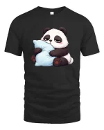 Cute Sleepy Panda Hugging Pillow Relax Chill Cartoon T Shirt - black t-shirt on white background