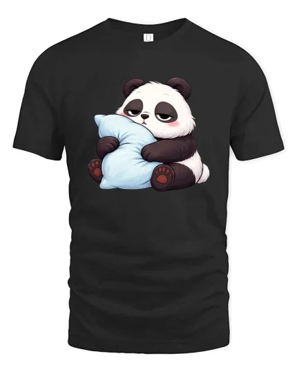 Cute Sleepy Panda Hugging Pillow Relax Chill Cartoon T Shirt - black t-shirt on white background