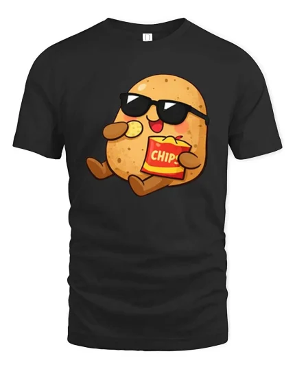 Funny Potato Eating Chips Cool Cartoon Snack Lover T Shirt - black t-shirt on white background