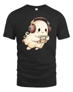Cute Ghost Gamer Headphones Retro Console Fun T Shirt - black t-shirt on white background