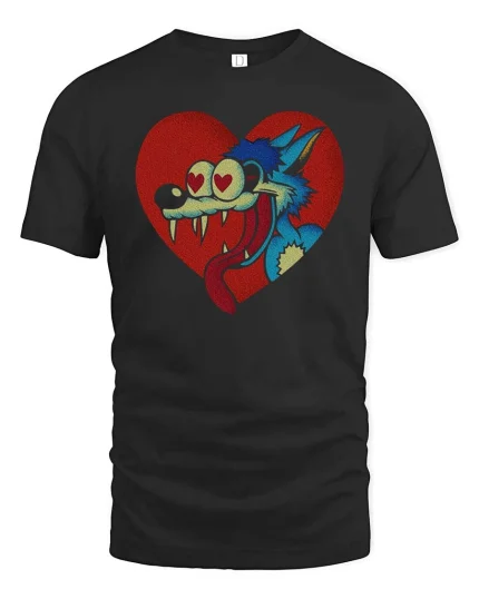 Funny Love Struck Wolf Cartoon Heart Eyes Wild T Shirt - black t-shirt on white background