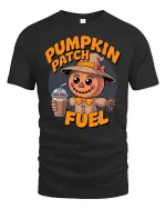 Pumpkin Patch Fuel Cute Scarecrow Fall Coffee T Shirt - black t-shirt on white background