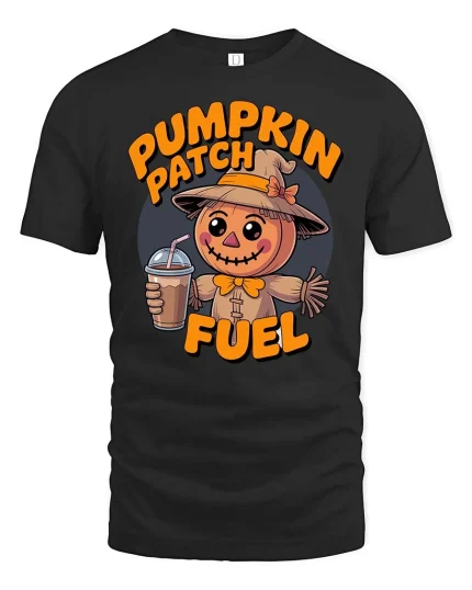 Pumpkin Patch Fuel Cute Scarecrow Fall Coffee T Shirt - black t-shirt on white background