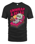 Funny Mummy Unwrap Relax Spa Humor Halloween T Shirt - black t-shirt on white background