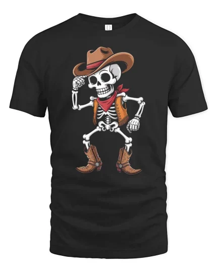 Funny Skeleton Cowboy Western Dance Vintage Graphic T Shirt - black t-shirt on white background