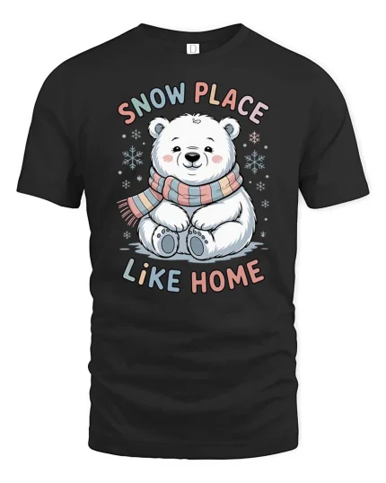 Cute Polar Bear Snow Place Like Home Winter T Shirt - black t-shirt on white background