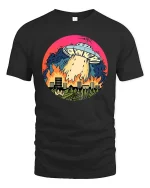 Funny UFO Alien Invasion City Fire Retro SciFi T Shirt - black t-shirt on white background