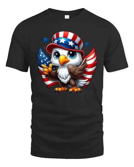 Cute American Eagle Patriotic Cartoon USA Flag T Shirt - black t-shirt on white background