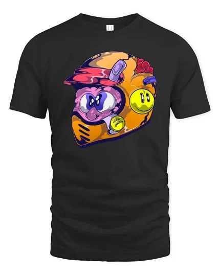 Funny Cartoon Racing Helmet Character Color Splash T Shirt - black t-shirt on white background