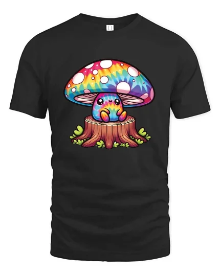 Cute Rainbow Mushroom Cartoon Fantasy Nature Art T Shirt - black t-shirt on white background