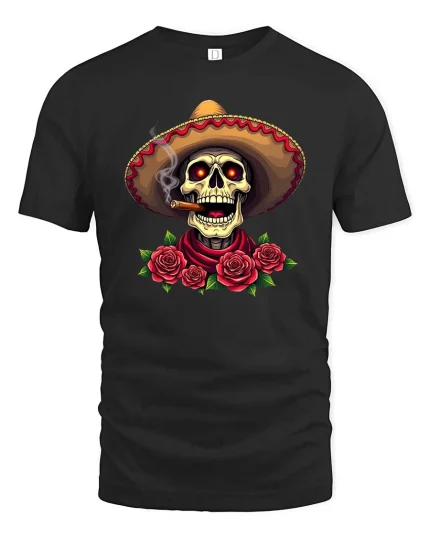 Mexican Skull Sombrero Smoking Cigar Roses Graphic T Shirt - black t-shirt on white background