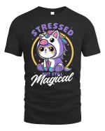 Cute Unicorn Cat Stressed But Still Magical Funny T Shirt - black t-shirt on white background