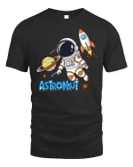 Cute Astronaut Space Rocket Planet Cartoon Adventure T Shirt - black t-shirt on white background