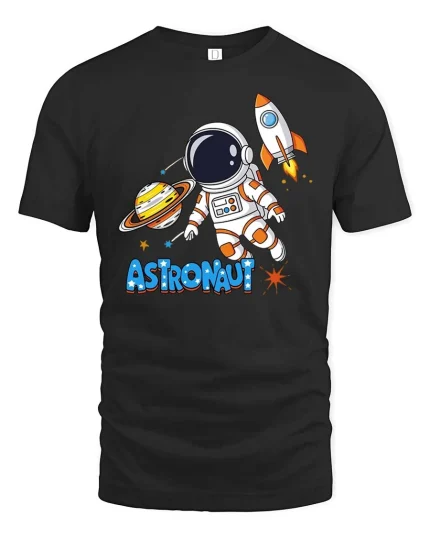 Cute Astronaut Space Rocket Planet Cartoon Adventure T Shirt - black t-shirt on white background
