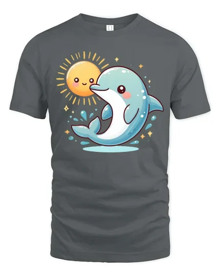 Cute Dolphin and Smiling Sun Cartoon Ocean Vibes Tshirt - gray t-shirt on white background