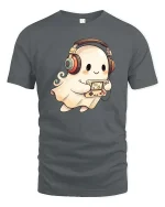 Cute Ghost Gamer Headphones Retro Console Fun T Shirt - gray t-shirt on white background