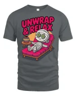 Funny Mummy Unwrap Relax Spa Humor Halloween T Shirt - gray t-shirt on white background
