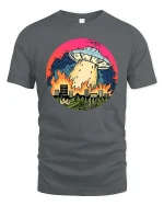Funny UFO Alien Invasion City Fire Retro SciFi T Shirt - gray t-shirt on white background