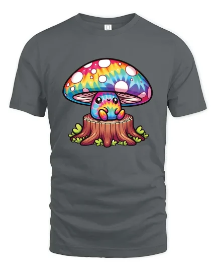 Cute Rainbow Mushroom Cartoon Fantasy Nature Art T Shirt - gray t-shirt on white background