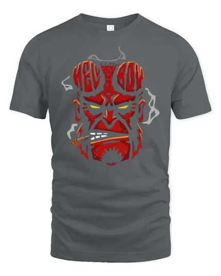 Hellboy Demon Skull Smoking Cigar Dark Graphic T Shirt - gray t-shirt on white background