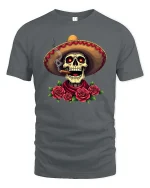 Mexican Skull Sombrero Smoking Cigar Roses Graphic T Shirt - gray t-shirt on white background