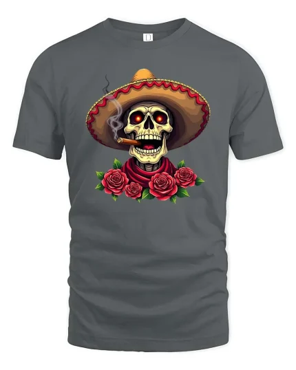 Mexican Skull Sombrero Smoking Cigar Roses Graphic T Shirt - gray t-shirt on white background