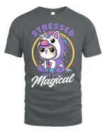 Cute Unicorn Cat Stressed But Still Magical Funny T Shirt - gray t-shirt on white background