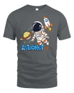 Cute Astronaut Space Rocket Planet Cartoon Adventure T Shirt - gray t-shirt on white background