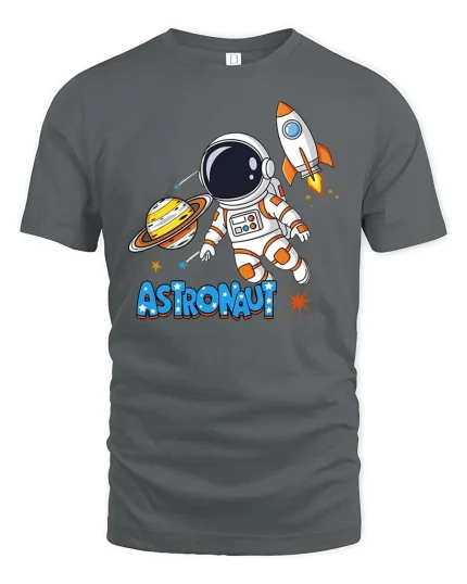 Cute Astronaut Space Rocket Planet Cartoon Adventure T Shirt - gray t-shirt on white background