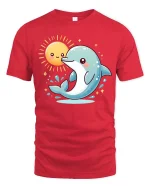Cute Dolphin and Smiling Sun Cartoon Ocean Vibes Tshirt - red t-shirt on white background