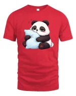 Cute Sleepy Panda Hugging Pillow Relax Chill Cartoon T Shirt - red t-shirt on white background