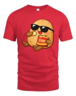 Funny Potato Eating Chips Cool Cartoon Snack Lover T Shirt - red t-shirt on white background