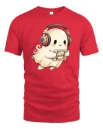 Cute Ghost Gamer Headphones Retro Console Fun T Shirt - red t-shirt on white background