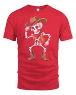 Funny Skeleton Cowboy Western Dance Vintage Graphic T Shirt - red t-shirt on white background