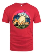 Funny UFO Alien Invasion City Fire Retro SciFi T Shirt - red t-shirt on white background