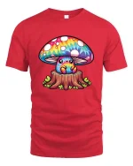 Cute Rainbow Mushroom Cartoon Fantasy Nature Art T Shirt - red t-shirt on white background