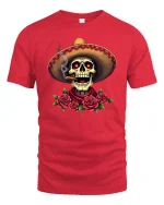 Mexican Skull Sombrero Smoking Cigar Roses Graphic T Shirt - red t-shirt on white background