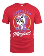 Cute Unicorn Cat Stressed But Still Magical Funny T Shirt - red t-shirt on white background