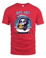 Funny Grim Reaper Bath Duck Off Humor Graphic T Shirt - red t-shirt on white background